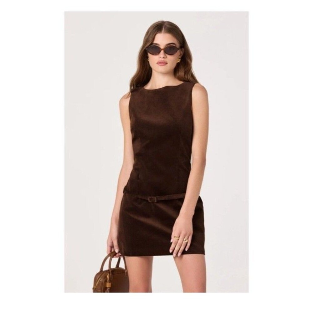 ASTR The Label Corduroy Mini Dress Women large Brown Sleeveless Belted Retro Mod